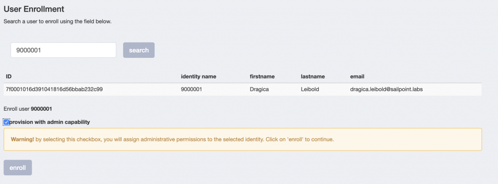 enroll user account with admin capability